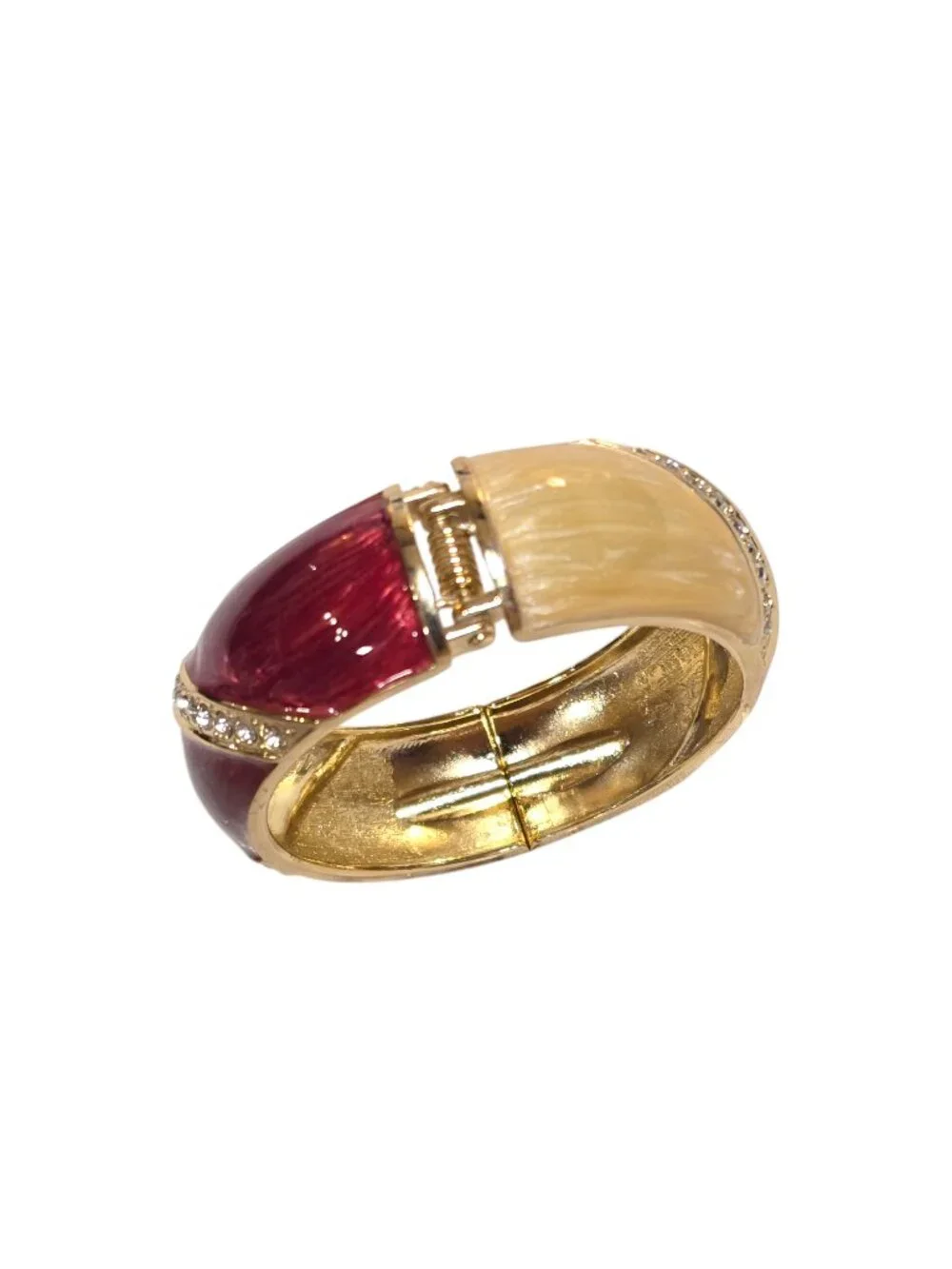 Women's Two Tone Beige, Wine Rhinestone Bangle Hinged Bracelet NWOT